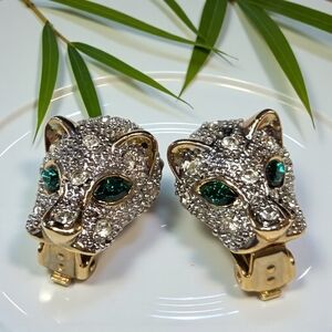 Vintage 1980's Pave Crystal Panther Head Clip-Earrings